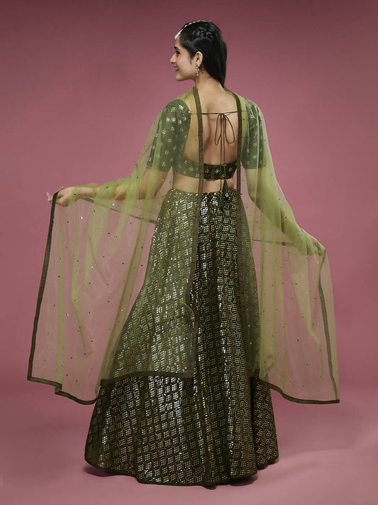 House of Panchhi Olive Georgette Sequinse Embroidered Lehenga & Blouse with Dupatta | Swadesiicart