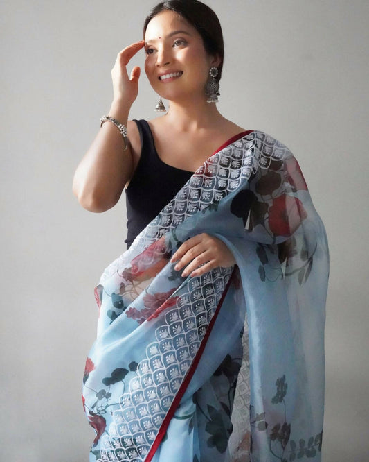 Vamsee Sky Organza Saree - Swadesiicart