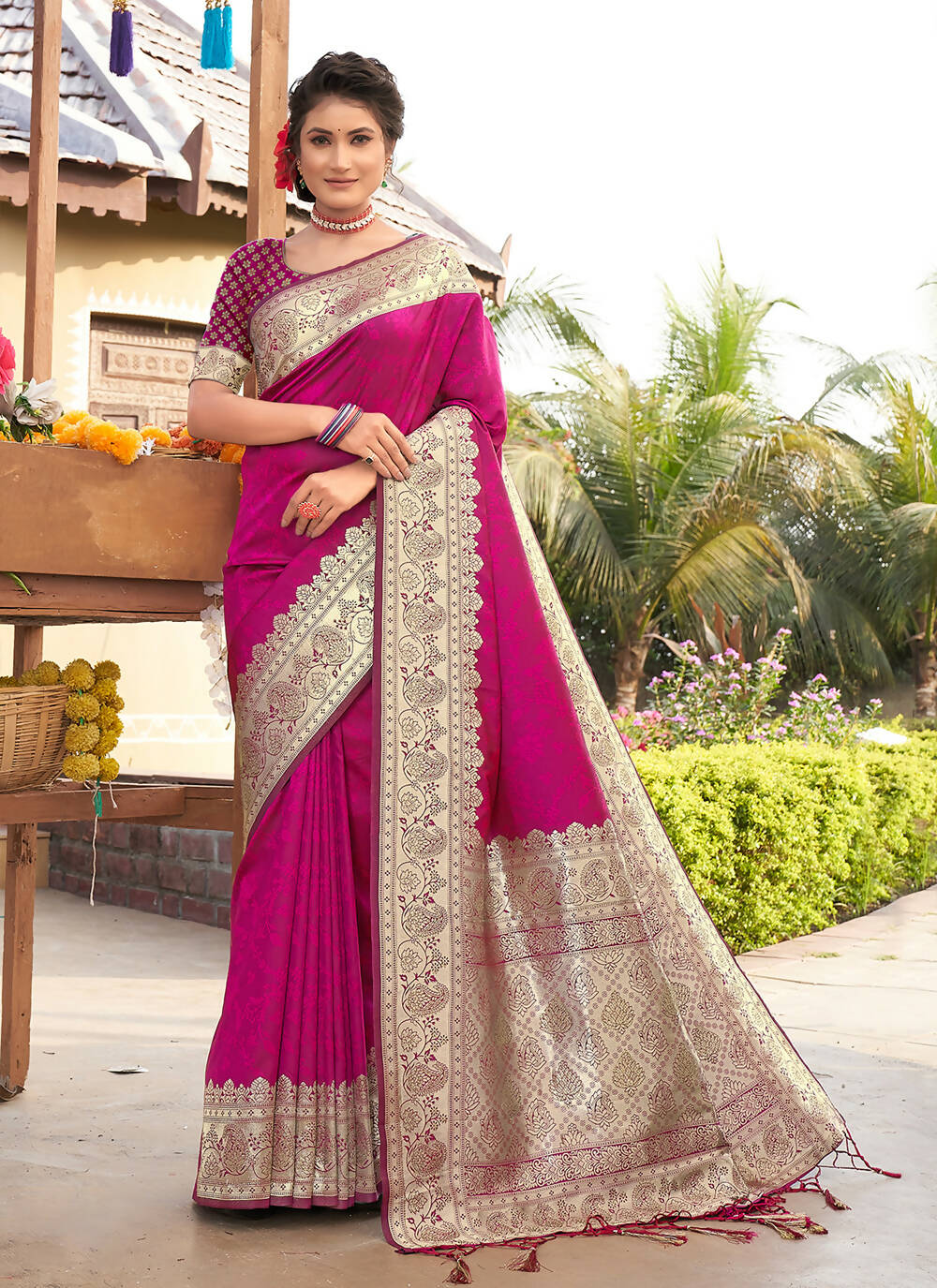 Pink Banarasi Silk Woven Design Saree with Unstitched Blouse Piece - Aachal | Swadesiicart