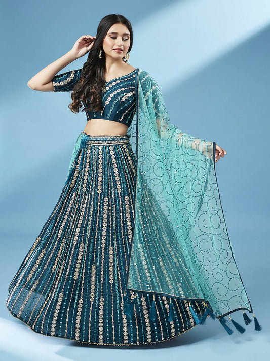 House of Panchhi Teal Pure Georgette Sequinse Work Lehenga & Blouse with Dupatta | Swadesiicart