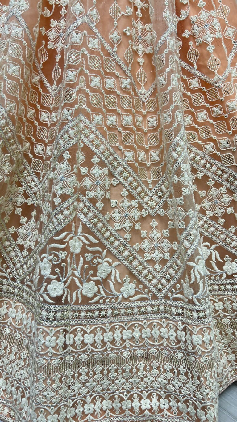 Jyoti Fashion Women's Peach Net Patterned Thread Embroidered with Sequins Wedding Lehenga Choli | Swadesiicart