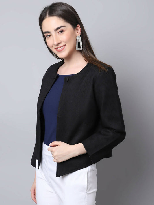 Even Apparels Black 100% Viscose Open Front Statement Women's Jacket | Swadesiicart