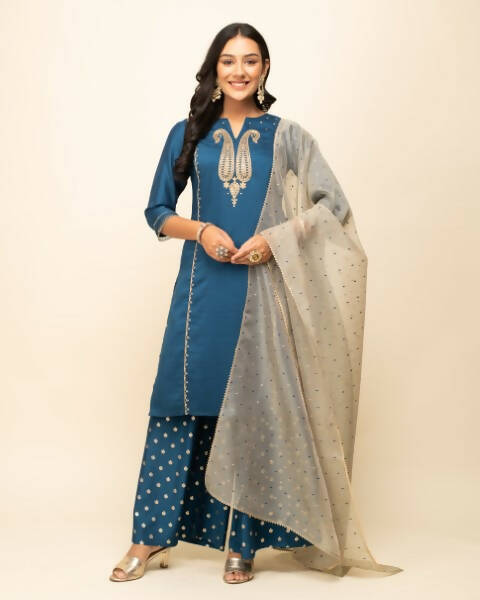 FIORRA Women's Teal Blue Silk Blend Straight Kurta Palazzo Set With Dupatta - Swadesiicart