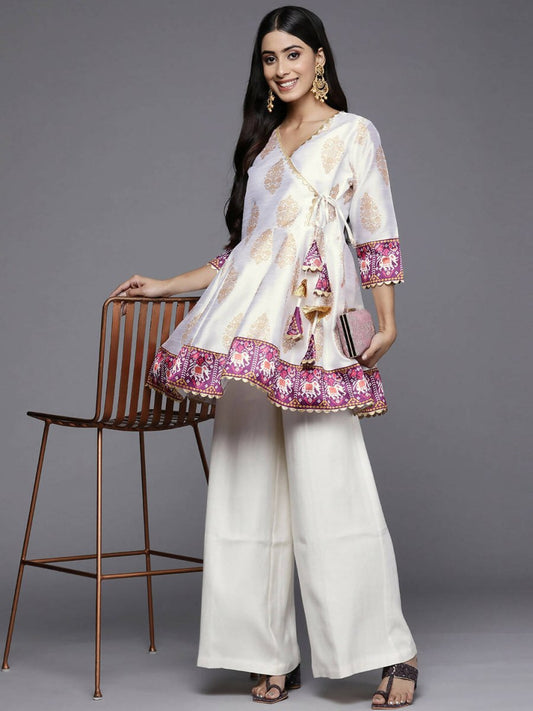 Ahalyaa Women White & Golden Ethnic Printed Tunic | Swadesiicart