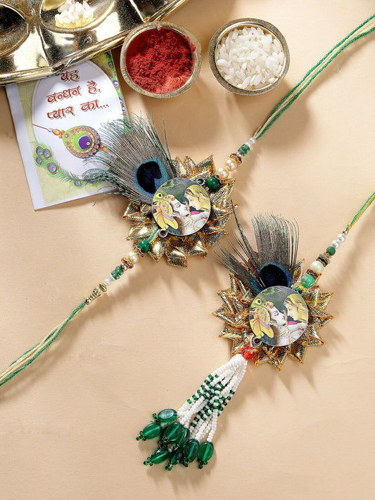NVR Women & Men Set of 2 Green Radha Krishna Beaded Bhaiya Bhabhi Rakhi With Roli Chawal & Chocolate | Swadesiicart