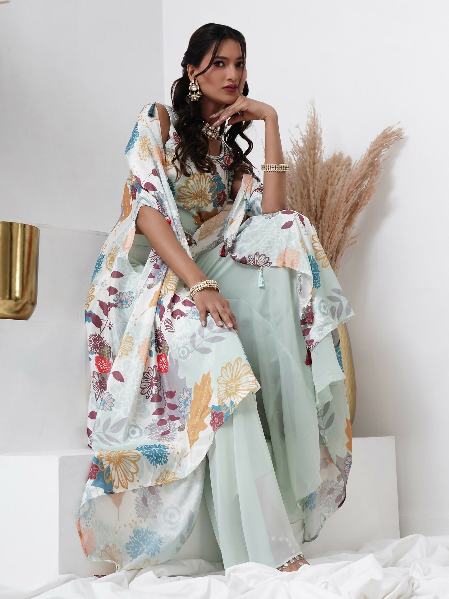 Sea Green Digital Chinon Handwork Top with Palazzo & Shrug - Naomika - Swadesiicart