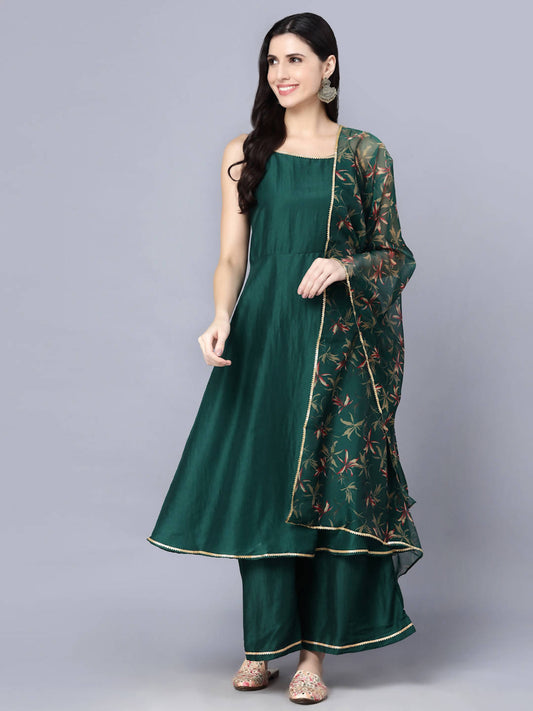 Myshka Women Green Ethnic Motifs Yoke Design Panelled Kurti with Sharara With Dupatta | Swadesiicart