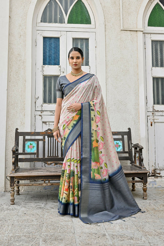 Vishnu Weaves Women's Blue Soft Tussar Silk Saree with Blouse - Swadesiicart