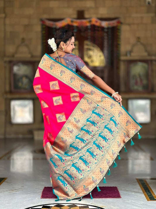 PR Fashion Rani Pink Soft Banarasi Silk With Zari Weaving Meenakari Design Saree | Swadesiicart