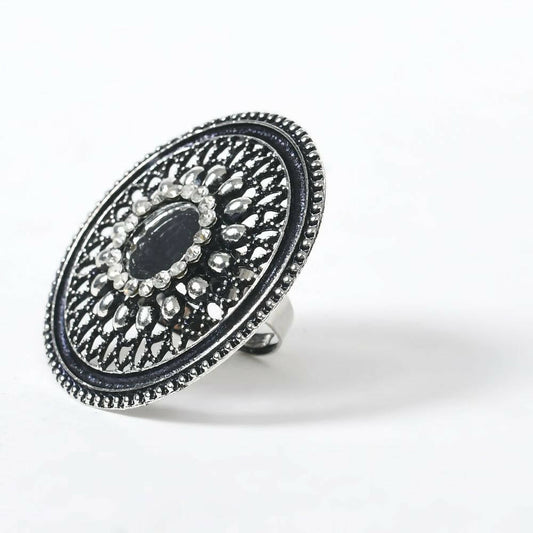 Mominos Fashion Joharkamal Oxidised Silver-Toned Adjustable Finger Ring