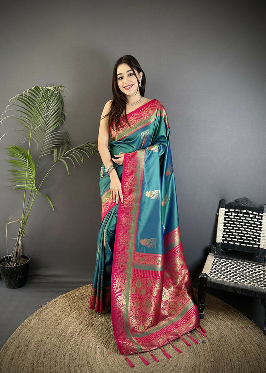 Joban Fashion Teal Banarasi Soft Silk Peacock Butta Work Saree | Swadesiicart
