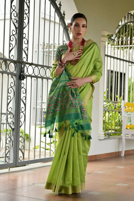 Vishnu Weaves Women's Mahendi Raw Silk Patola Zari Woven Saree with Blouse - Swadesiicart
