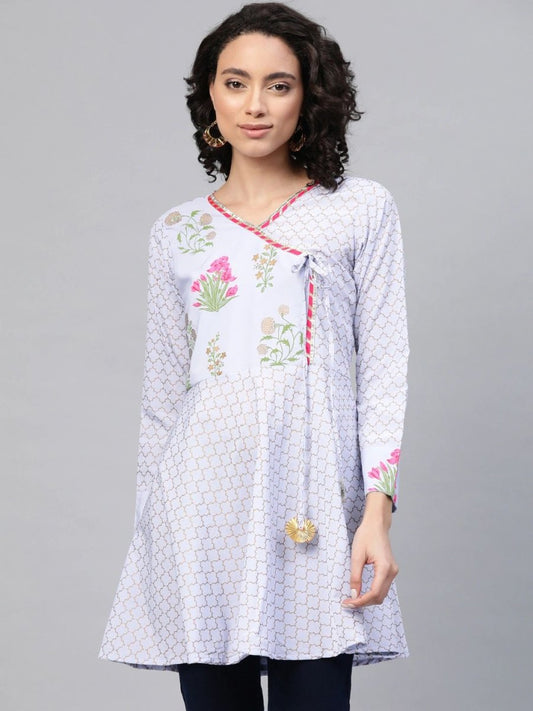 Ahalyaa Women Blue Crepe Pink & Gold Ethnic Print Angrakha Tunic | Swadesiicart