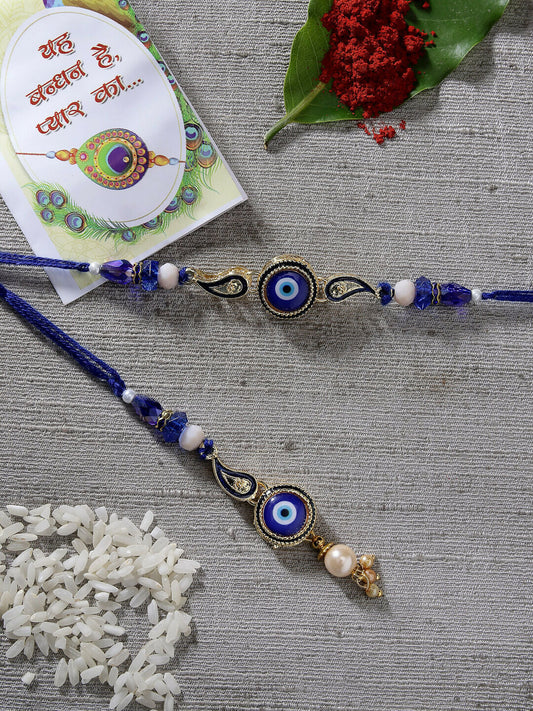 NVR Women & Men Set of 2 Blue Evil Eye Beaded Bhaiya Bhabhi Rakhi With Roli Chawal | Swadesiicart