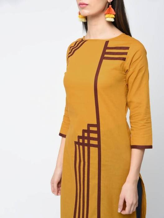 Aniyah Cotton Straight Mustard Color Kurta With Patchwork (AN-105K) - Swadesiicart
