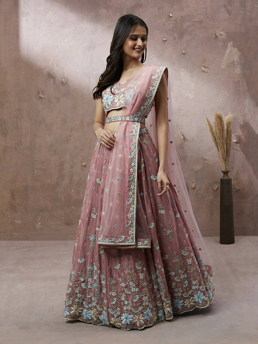 House of Panchhi Coral Pure Georgette Sequins with heavy Zarkan embroidery Lehenga choli & Dupatta | Swadesiicart
