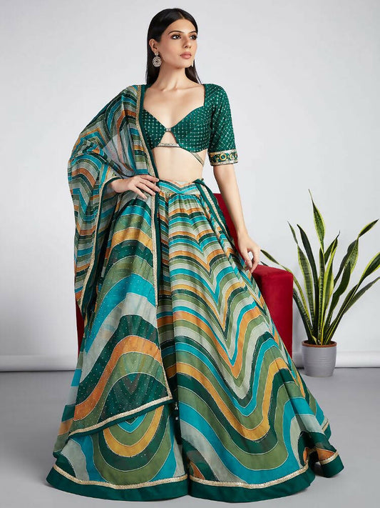 House of Panchhi Green Organza Siroski Stone Work Leheriya Print Lehenga Choli & Dupatta | Swadesiicart
