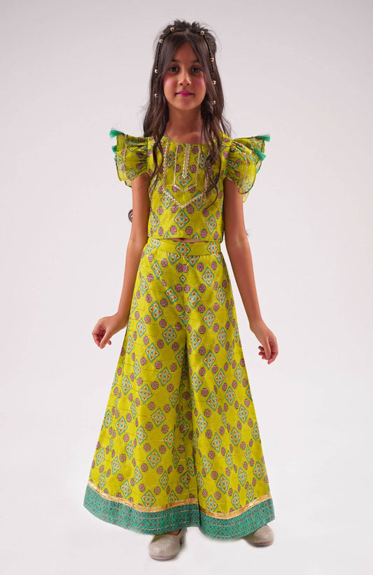 Lil Drama Raangoli Crop Top With Palazzo Co-Ordinate Set - Green - Swadesiicart