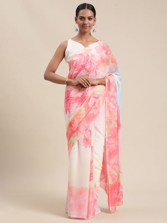 Ahalyaa Women's Light Pink Colour Chiffon Digital Print Floral Saree | Swadesiicart