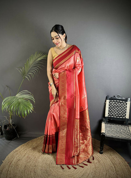 Joban Fashion Salmon Pink Banarasi Soft Silk Woven Saree | Swadesiicart