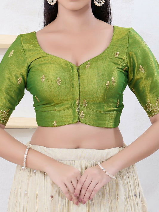 Joban Fashion Green Shimmer Elbow Sleeveless Front Open Blouse - Swadesiicart