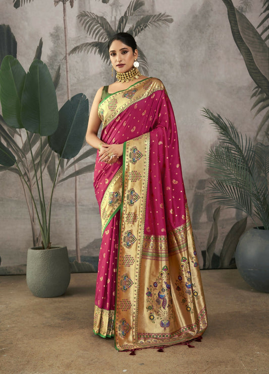 Vishnu Weaves Women's Wine Paithani Silk Saree with Blouse - Swadesiicart