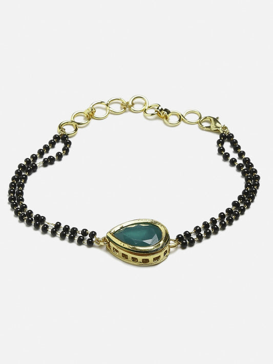 Women's Black Gold-Toned Gold-Polished Kundan Studded Charm Mangalsutra Bracelet - Ruby Raang - Swadesiicart