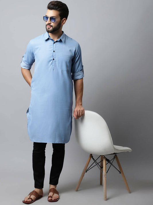Even Apparels sky Blue Color Pure Cotton Solid Men's Kurta With Shirt Collar (MMS503) | Swadesiicart