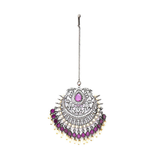 Oversized Diamond & Maroon Stone Maang Tikka- Ruby Raang | Swadesiicart