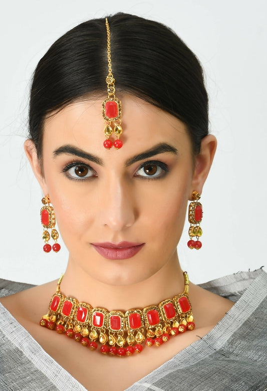Mominos Fashion Johar Kamal Gold-Polished Brass Finish Kundan/Pearls Choker For Women (Red) | Swadesiicart