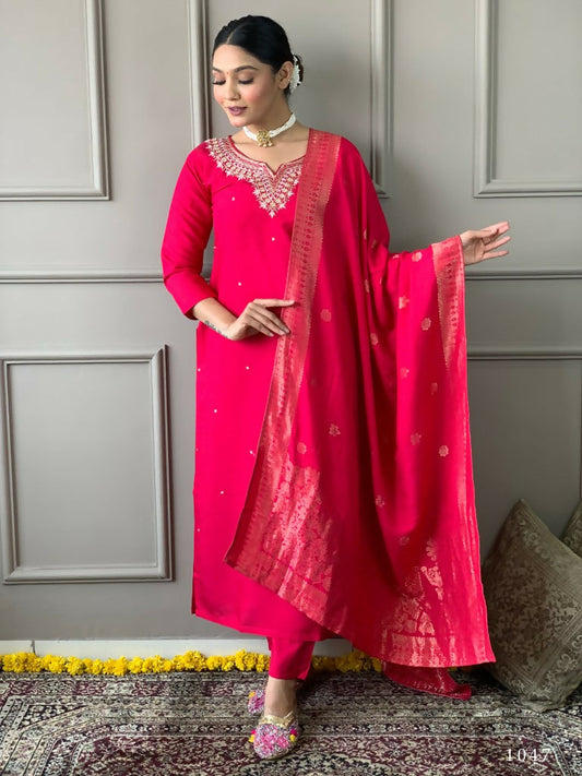 Partywear Designer Viscos Chanderi Red Stitched Suit With Dupatta - Tanisha | Swadesiicart