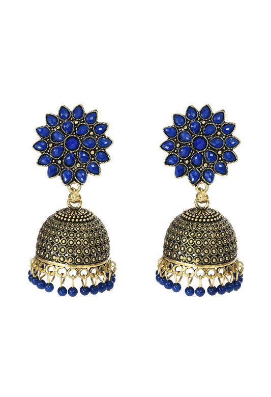 Mominos Fashion Johar Kamal Kundan Work Jhumka With Blue Beads For Women - Mominos Fashion