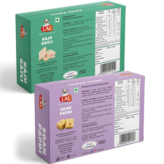 Lal Sweets Combo Pack - Kaju Katli 400 g & Soan Papdi Premium 400g| Desi Cow Ghee Indian Sweet Box Combo | Swadesiicart