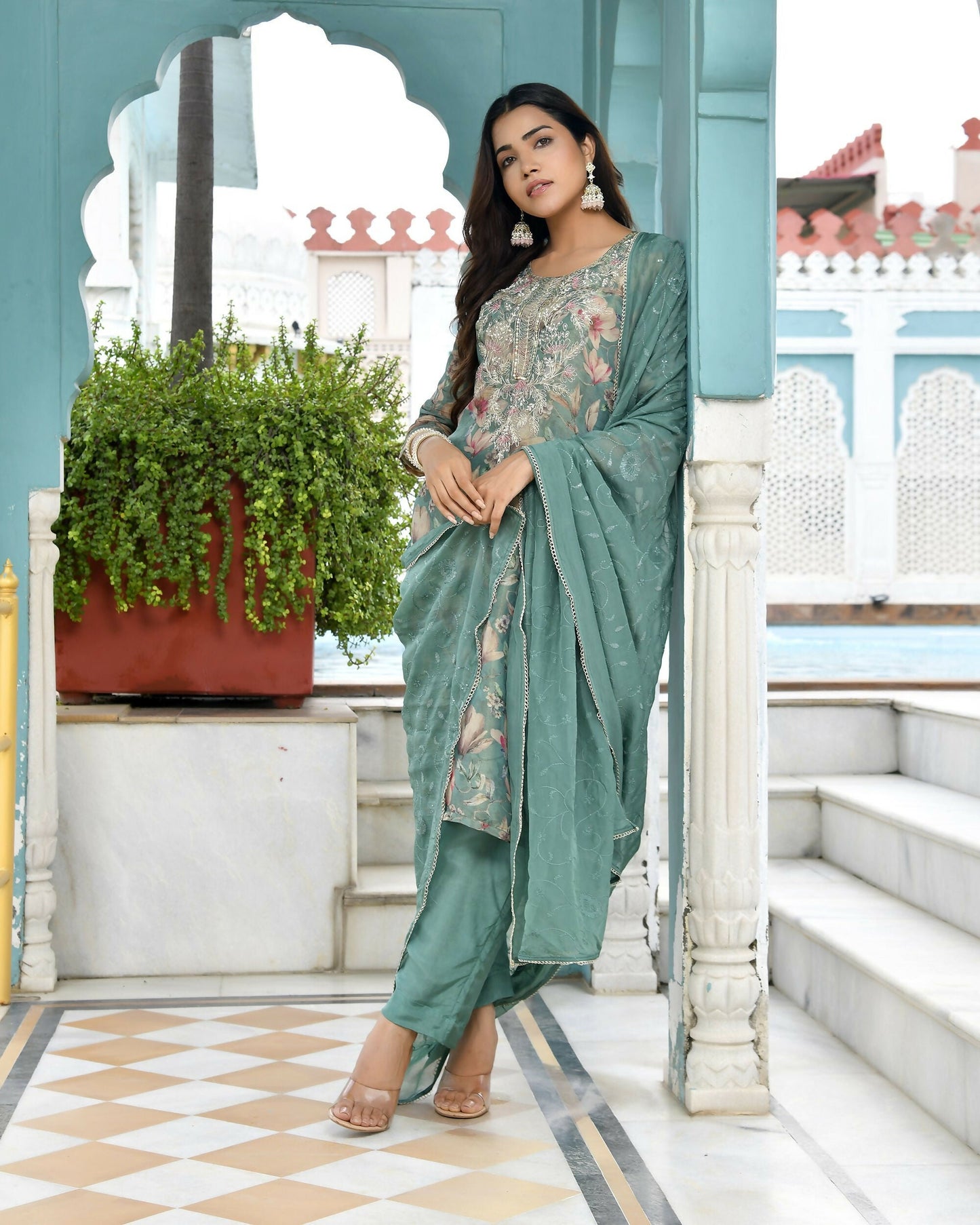 Vaasva Women's Teal Tissue Embroidered Suit Set With Solid Pant And Embroidered Dupatta | Swadesiicart