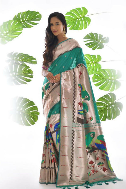 Vishnu Weaves Women's Rama Paithani Silk Zari Woven Saree with Unstitched Blouse - Swadesiicart