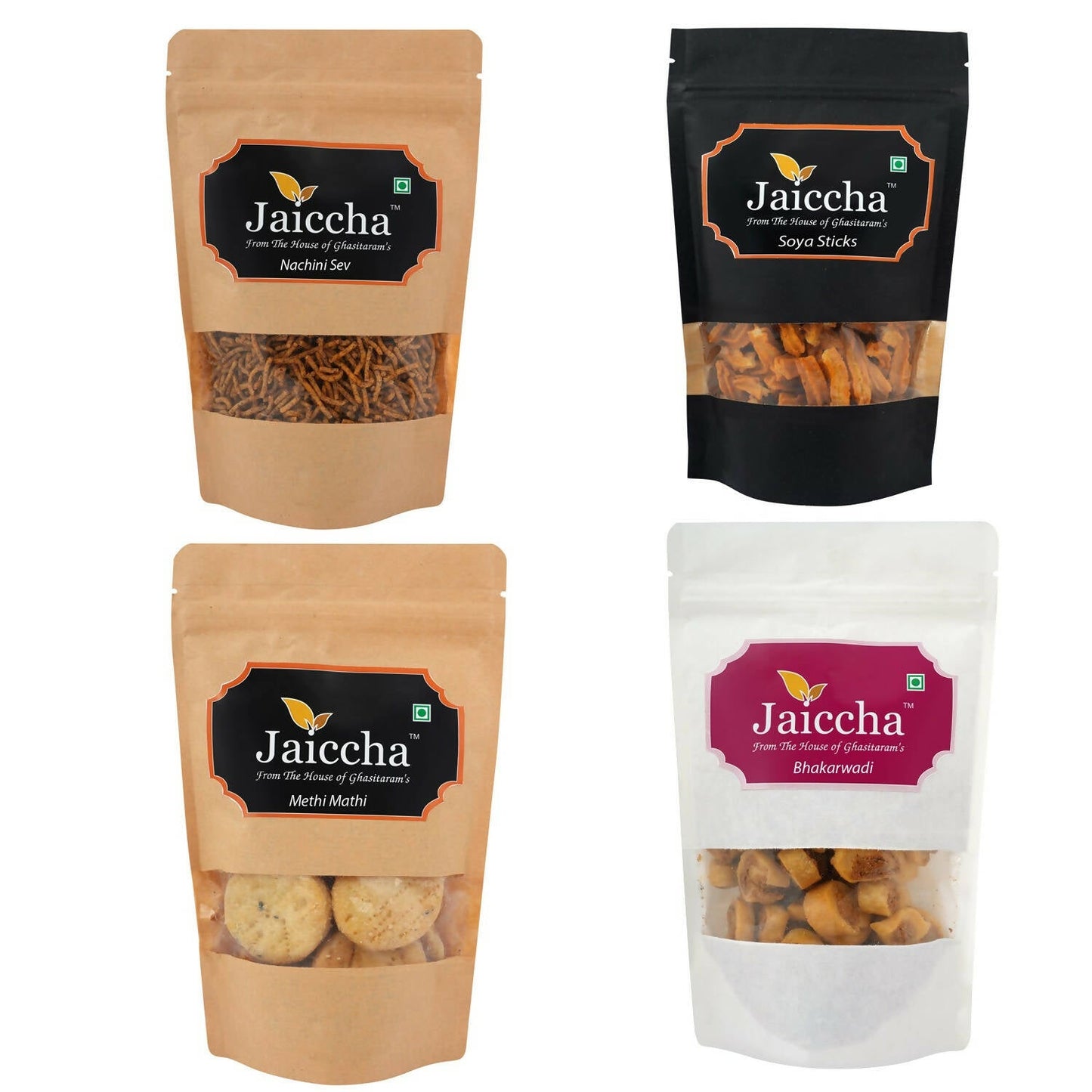 Ghasitaram Best of 4 Assorted Namkeens Soya Sticks, Nachini Sev, Bhakar wadi, Methi Mathi Pouches - Altcheeni