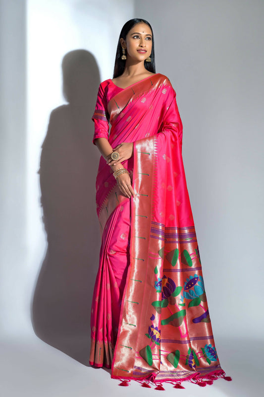Vishnu Weaves Women's Rani Pink Paithani Silk Zari Woven Saree with Unstitched Blouse - Swadesiicart
