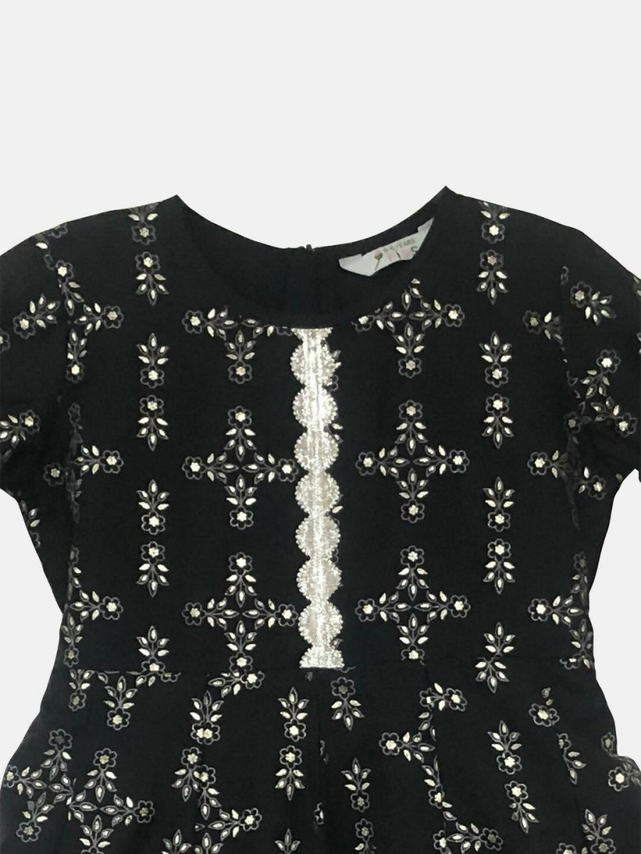 Ahalyaa Black Chanderi Gold Foil Printed Kids Dress For Girls | Swadesiicart