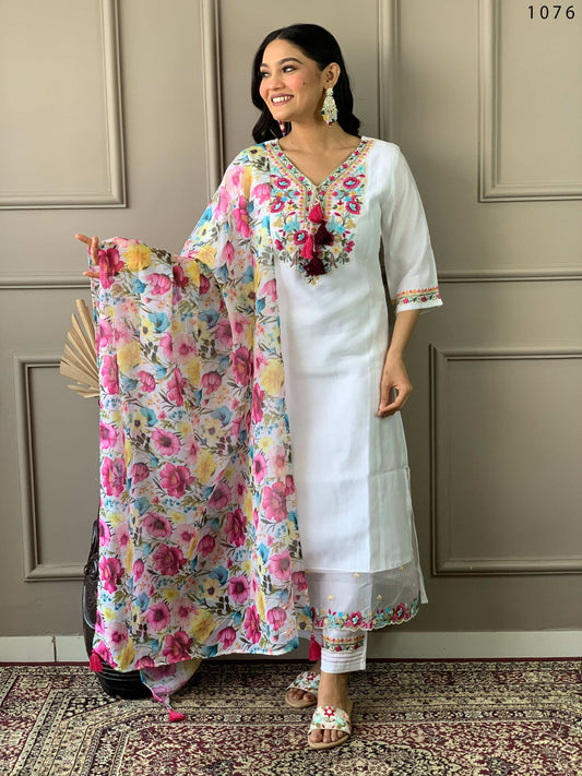 Partywear Designer Chanderi With Cotton Lining White Stitched Suit With Dupatta - Tanisha | Swadesiicart