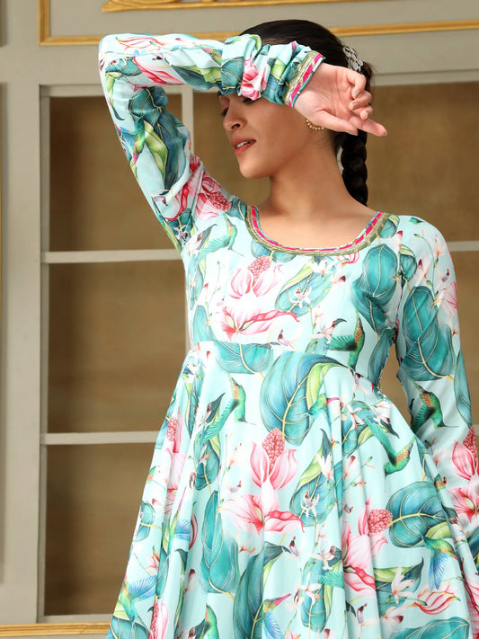 Pomcha Jaipur Blue Saadgi Palm Leaf Anarkali Set | Swadesiicart