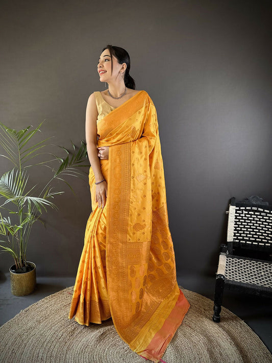 Joban Fashion Banarasi Orange Woven Woven Soft Silk Saree | Swadesiicart