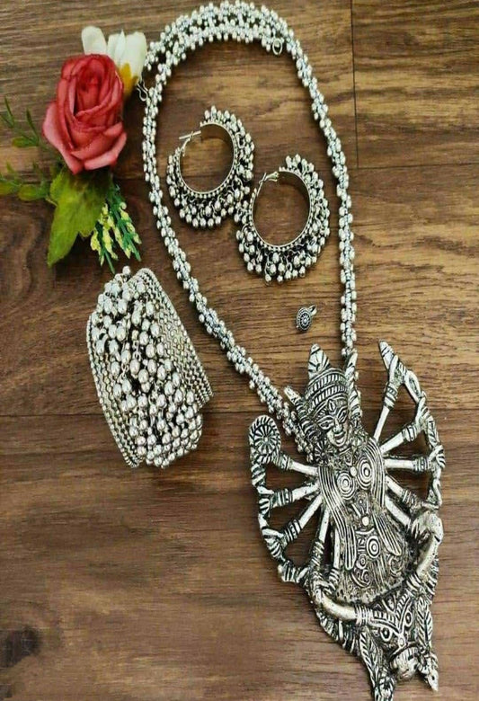 Mominos Fashion Johar Kamal Silver-Plated Brass Finish Kaali Mata Long Neckalce Combo Set For Women - Mominos Fashion