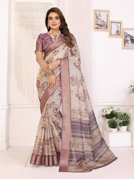 Joban Fashion Lavender Floral Print pattern Banarasi Silk Sarees | Swadesiicart