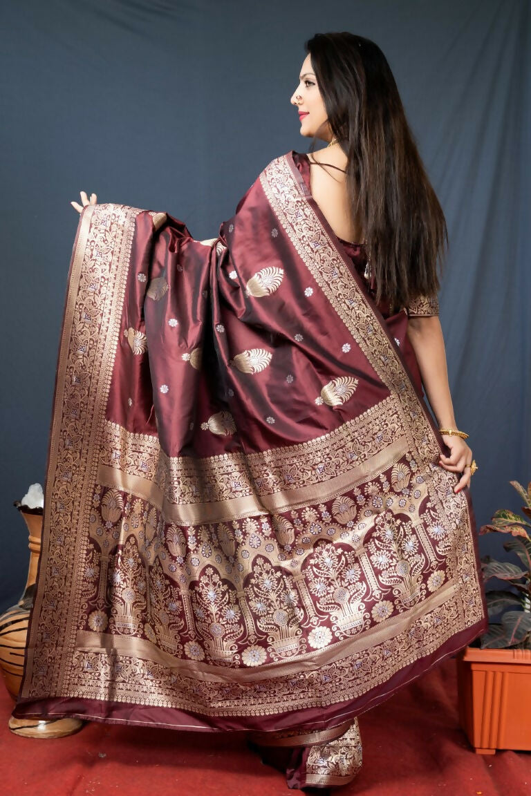 Jyoti Fashion Women's Brown Paithani Silk Zari Woven Saree with Blouse | Swadesiicart