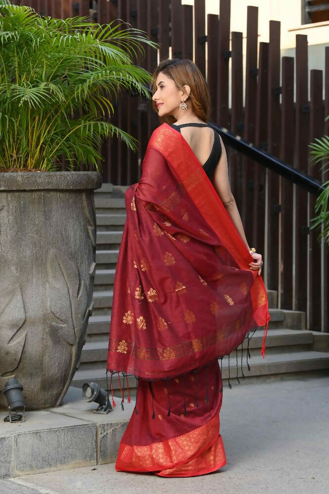 Beatitude Red Cotton Banarasi Saree | Swadesiicart