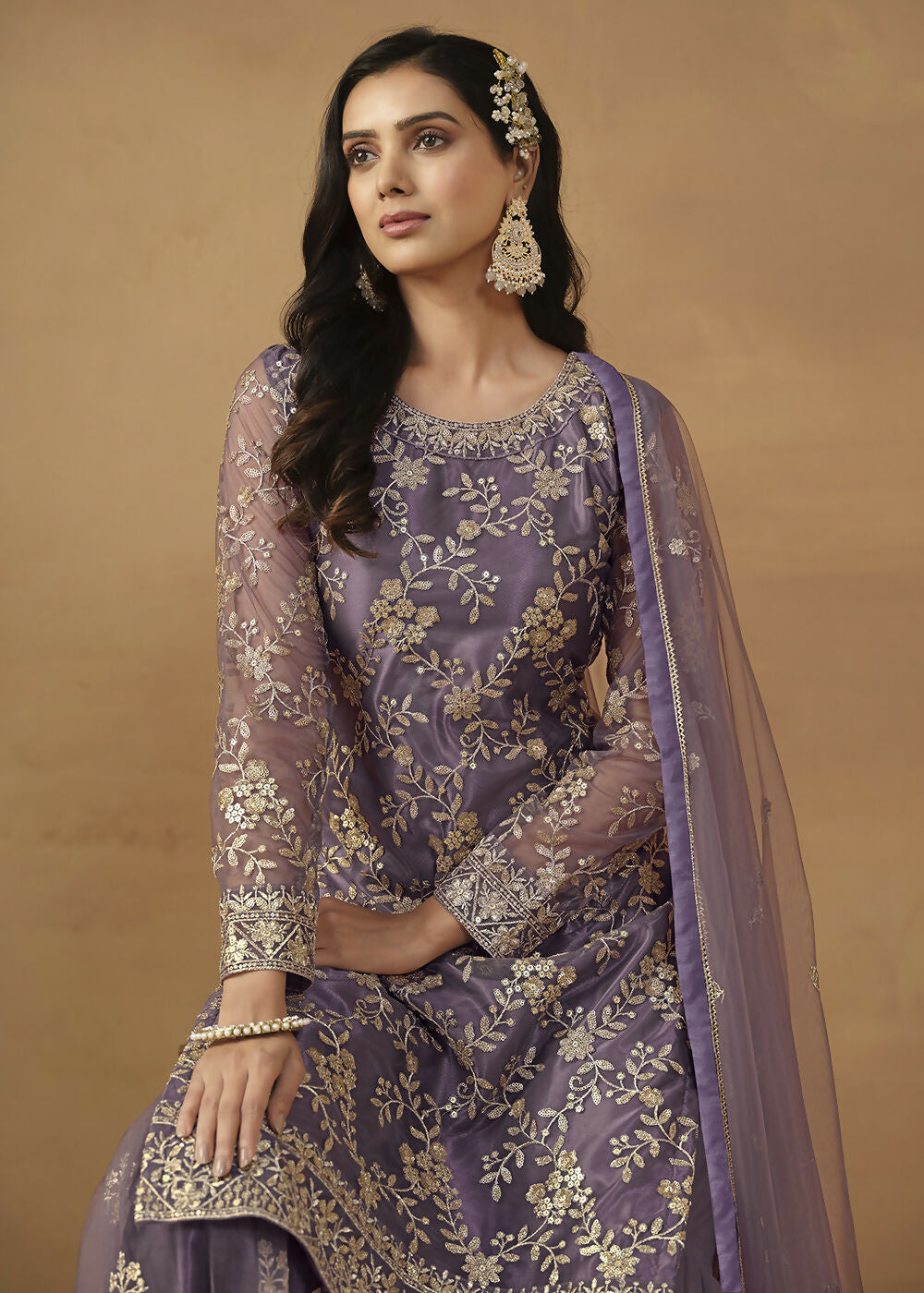 Dusty Purple Net Embroidered Wedding Festive Gharara Suit - Emponline | Swadesiicart