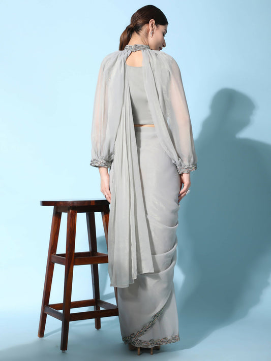 Grey Fancy Pure Fabric Plain Ready to wear Saree with stitched Blouse - Vrinda | Swadesiicart