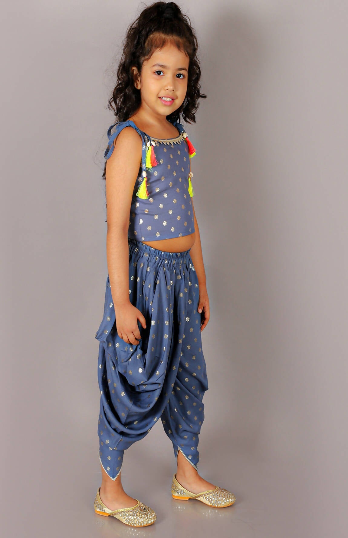 Lil Drama Fusion Fair Girls Blue Crop Top With Dhoti Co-Ordinate Set - Swadesiicart