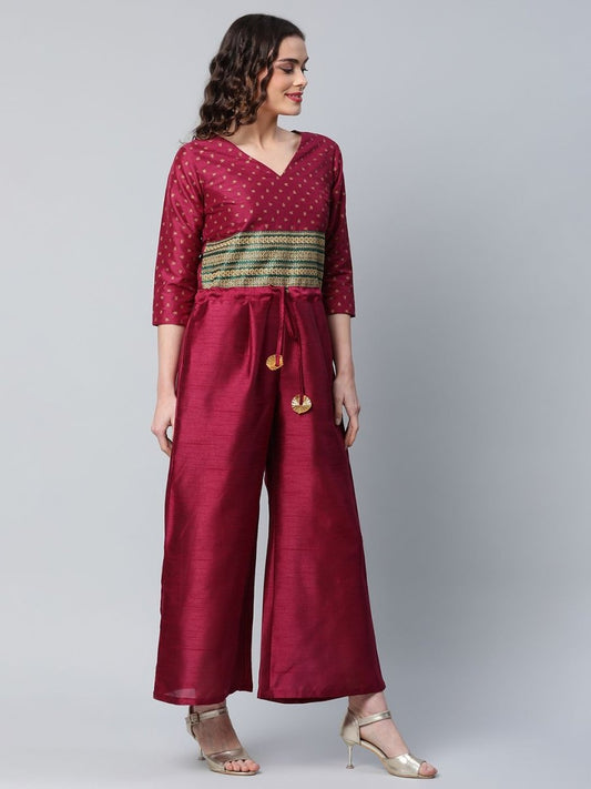 Ahalyaa Womens Burgundy crepe Printed Jumpsuit | Swadesiicart