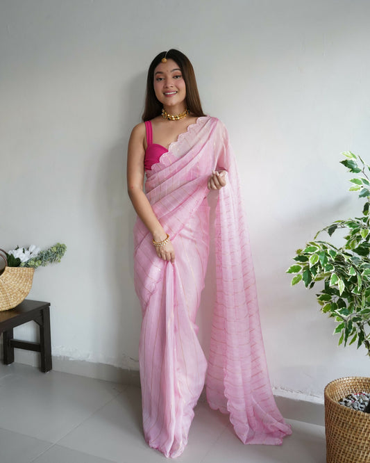 Vamsee Lining Organza Pink Chiffon Saree - Swadesiicart